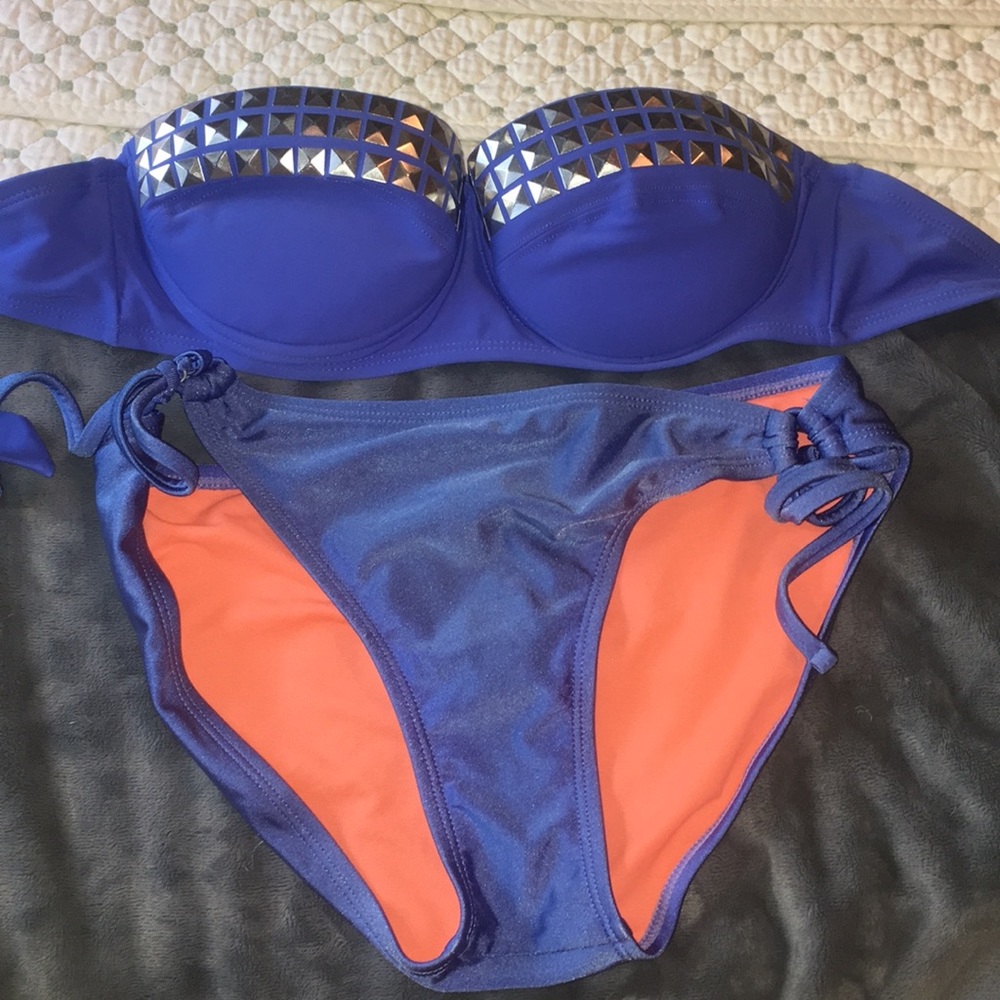 Blue swimsuit.